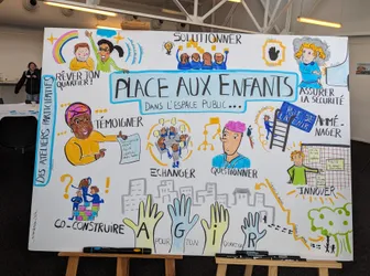 Session scribing sur carton plume à l'occasion des ateliers de la journée d'échanges "place aux enfants dans l'espace public" organisé par l'agence normande de la biodiversité. et du développement durable
